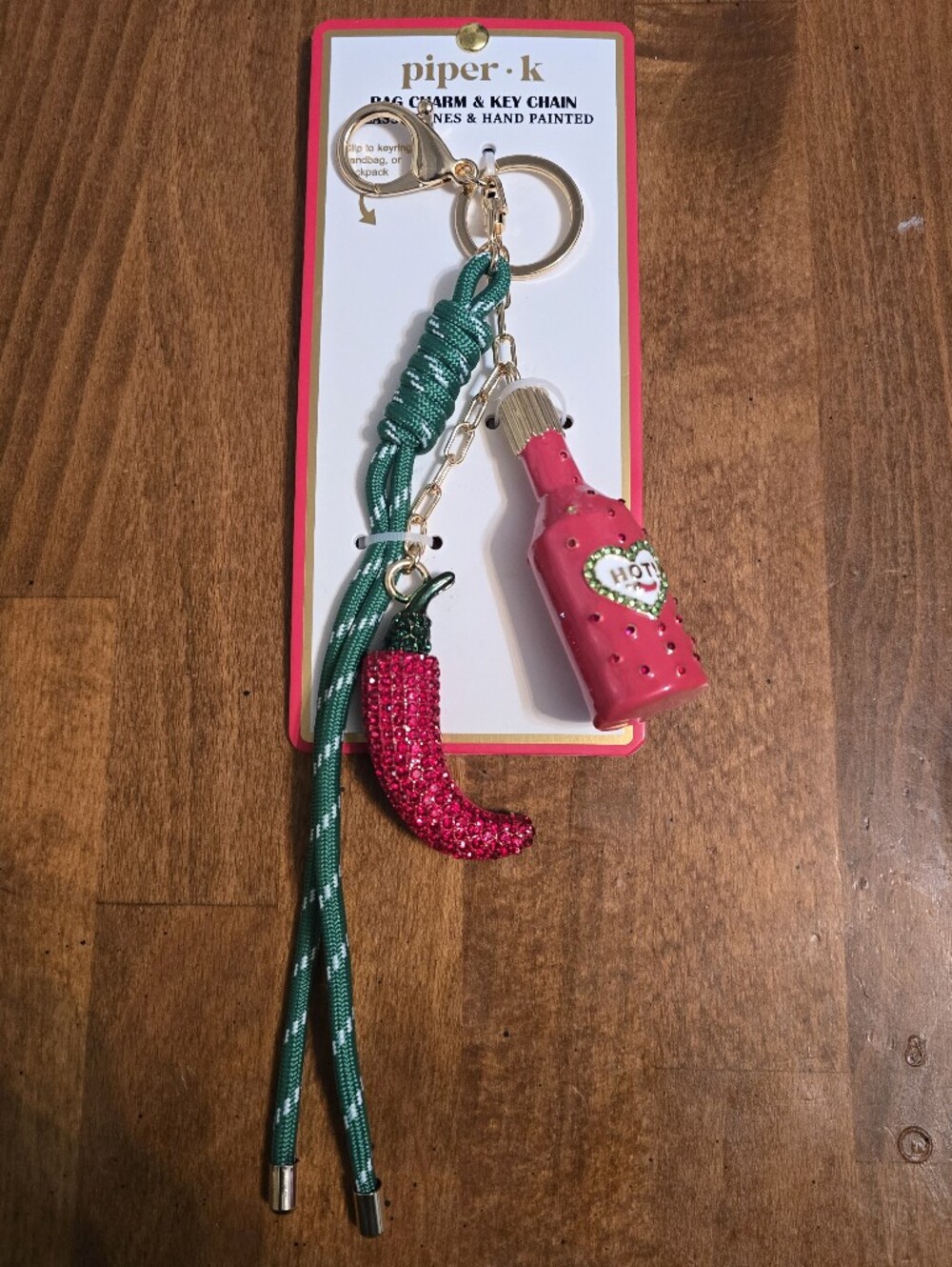 piper•k Red Hot Sauce & Chili Pepper Keychain with Green Cord